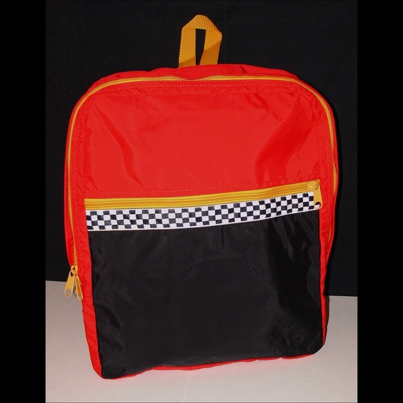 red and black checkered backpack